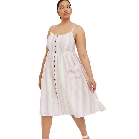 Torrid Plus Size 2X Dress‎ Midi Linen Button Front Dress Pink White Pockets 1289 - Picture 10 of 10